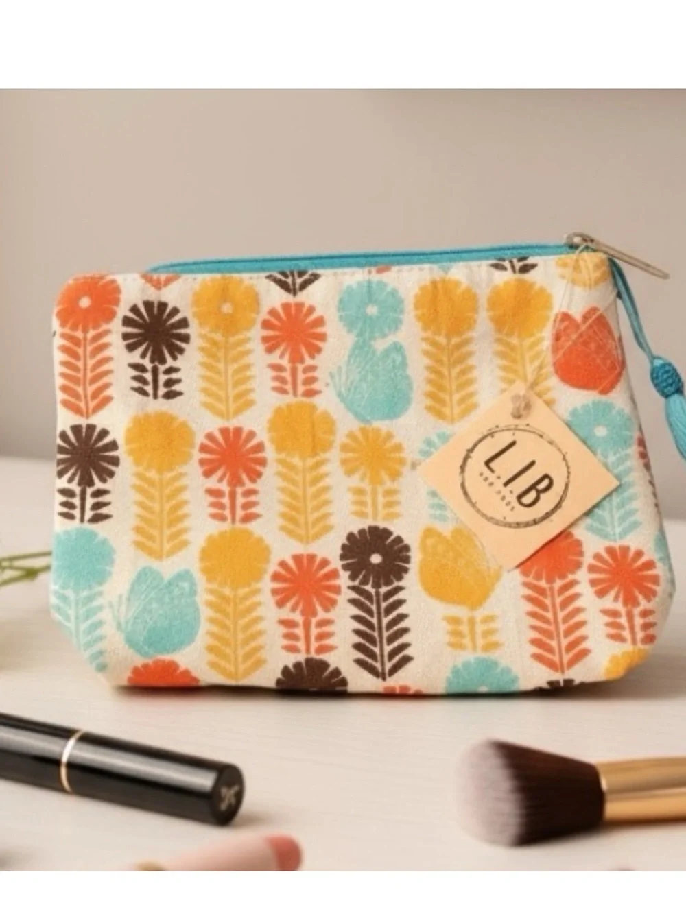 L.I.B. New York Floral Cotton Cosmetic Bag Makeup Pouch Tassel Zip Case NWT